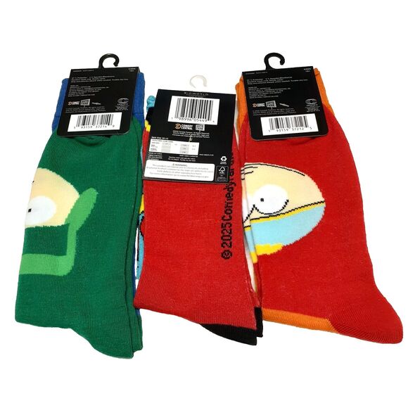 South Park Eric Kenny Kyle Stan Mens 3 Pack Multicolor Crew Socks NWT Size 6-12 - Picture 2 of 5